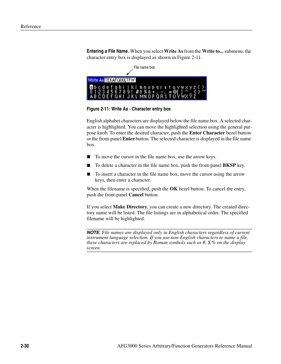 Figure 2-11: write as - character entry box -30 | Tektronix AFG3000 User Manual | Page 70 / 230
