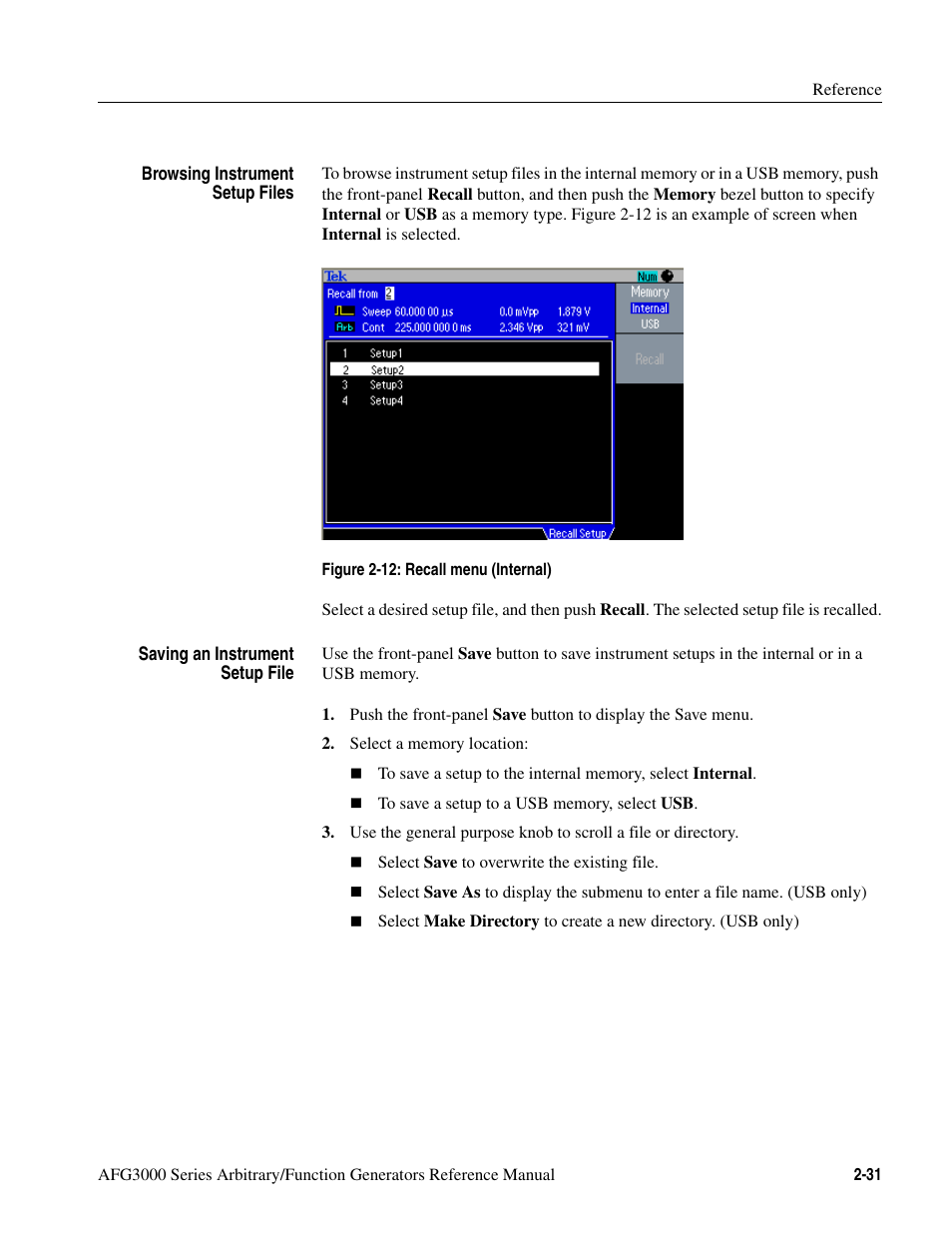 Figure 2-12: recall menu (internal) -31 | Tektronix AFG3000 User Manual | Page 71 / 230