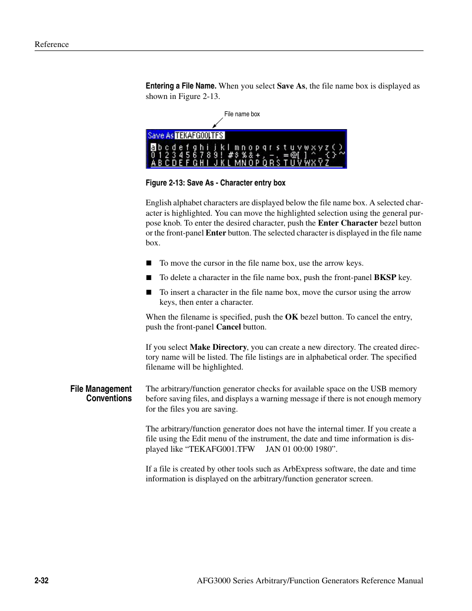 Figure 2-13: save as - character entry box -32 | Tektronix AFG3000 User Manual | Page 72 / 230
