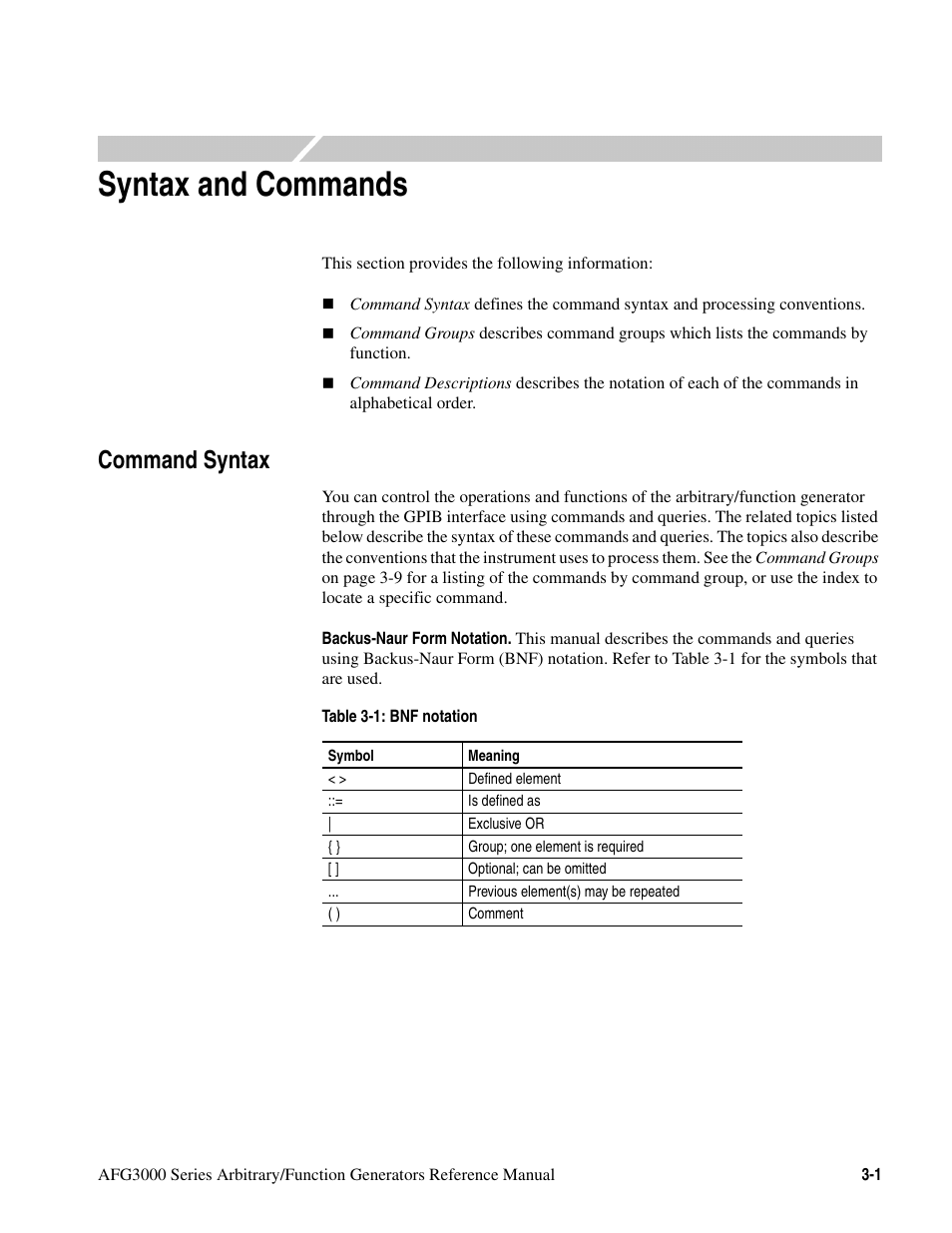 Syntax and commands, Command syntax, Syntax and commands -1 command syntax -1 | Table 3-1: bnf notation -1 | Tektronix AFG3000 User Manual | Page 75 / 230