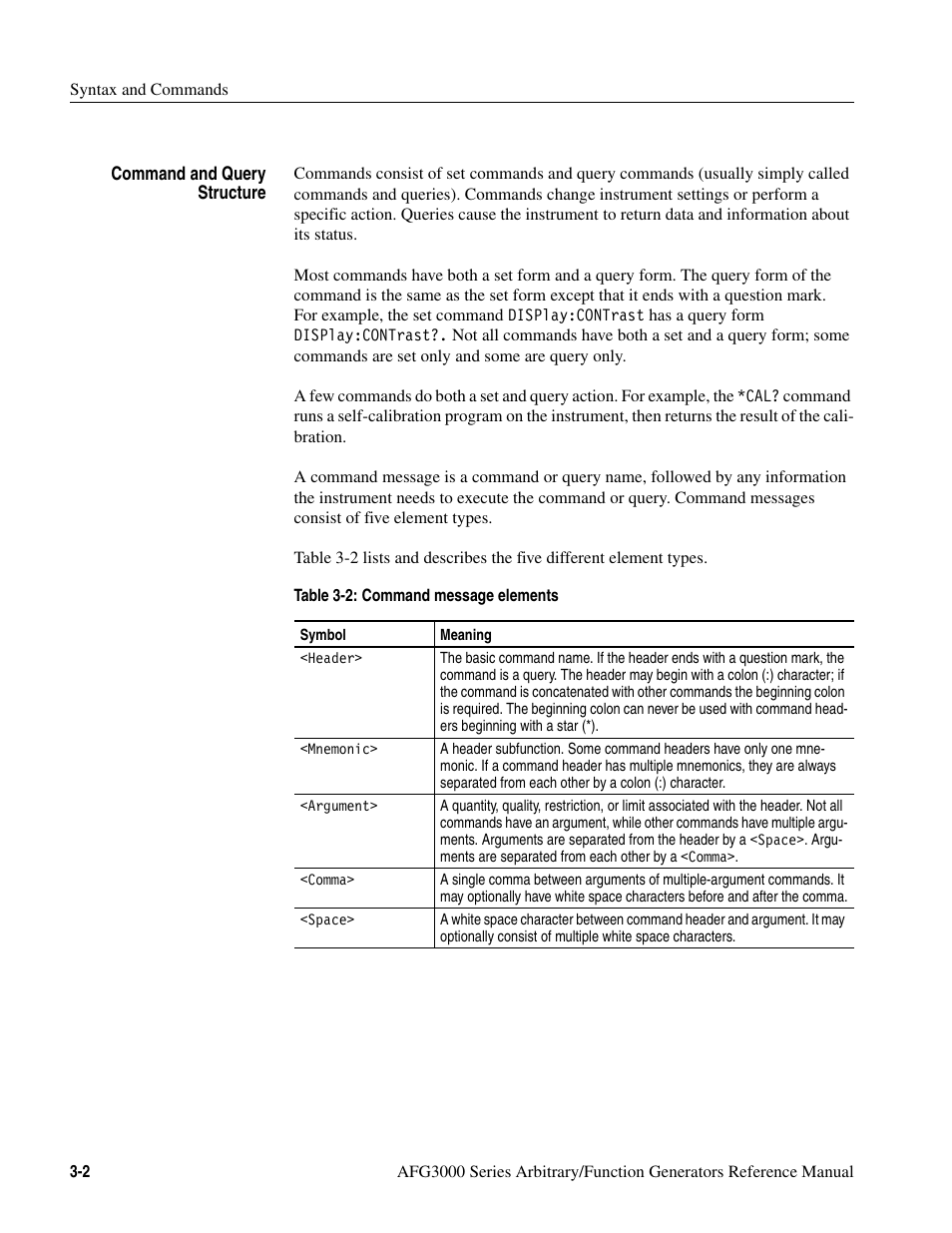 Table 3-2: command message elements -2 | Tektronix AFG3000 User Manual | Page 76 / 230