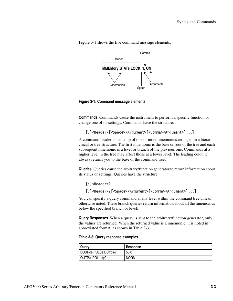 Figure 3-1: command message elements -3, Table 3-3: query response examples -3 | Tektronix AFG3000 User Manual | Page 77 / 230