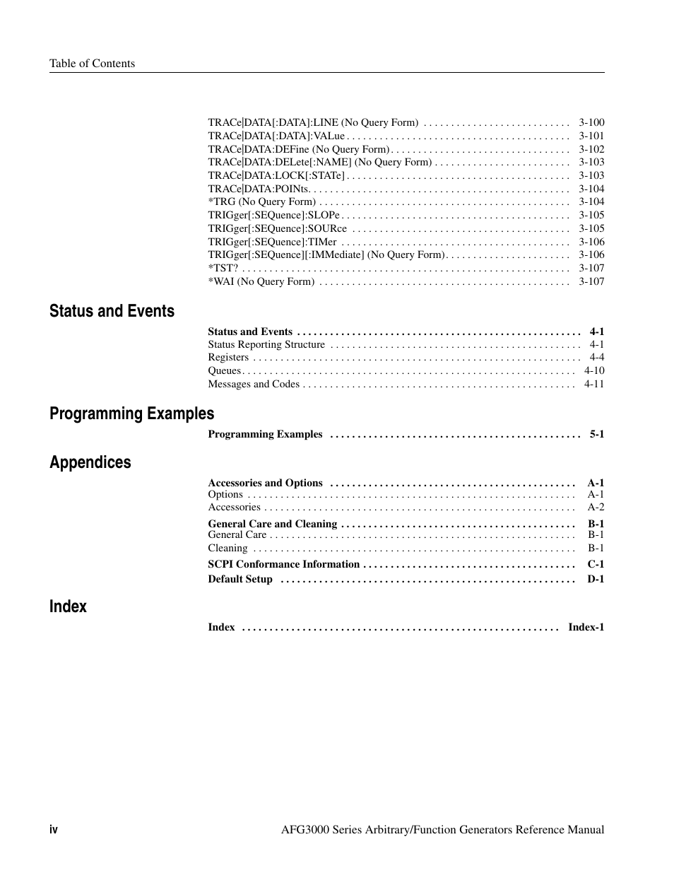 Status and events, Programming examples, Appendices | Index | Tektronix AFG3000 User Manual | Page 8 / 230