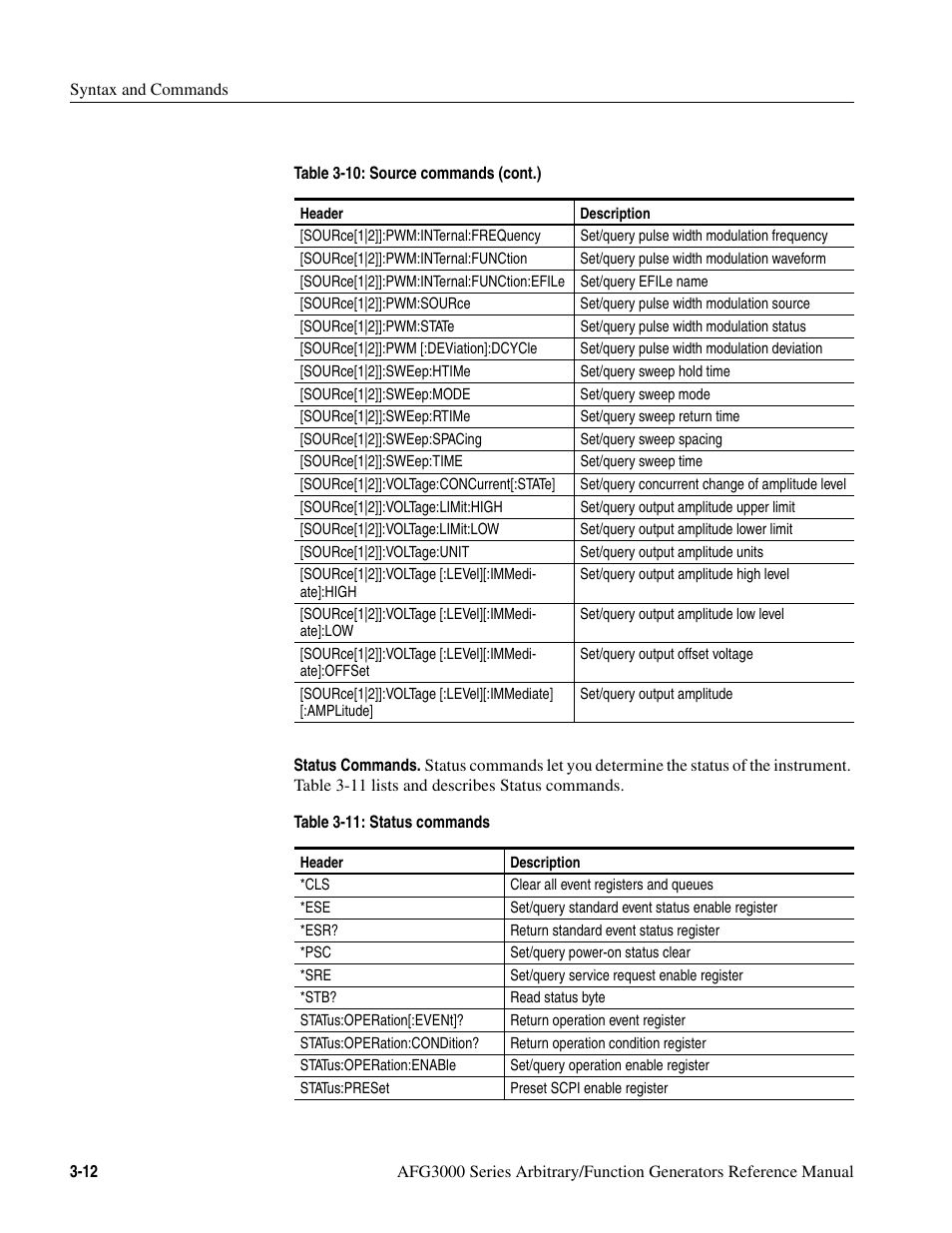 Table 3-11: status commands -12 | Tektronix AFG3000 User Manual | Page 86 / 230