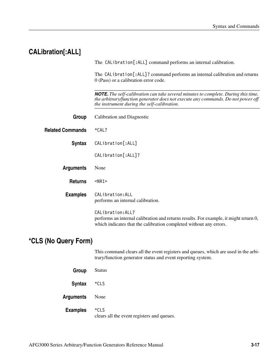 Calibration[:all, Cls (no query form), Calibration[:all] -17 *cls (no query form) -17 | Tektronix AFG3000 User Manual | Page 91 / 230