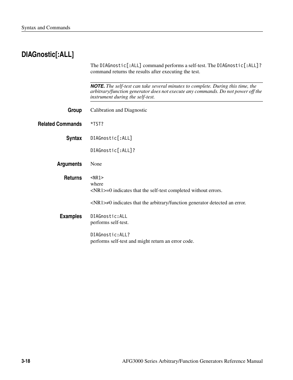 Diagnostic[:all, Diagnostic[:all] -18 | Tektronix AFG3000 User Manual | Page 92 / 230
