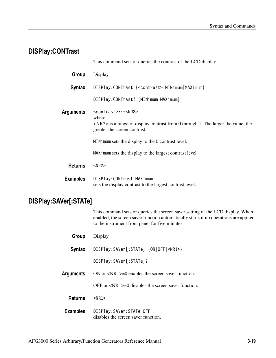 Display:contrast, Display:saver[:state, Display:contrast -19 display:saver[:state] -19 | Tektronix AFG3000 User Manual | Page 93 / 230