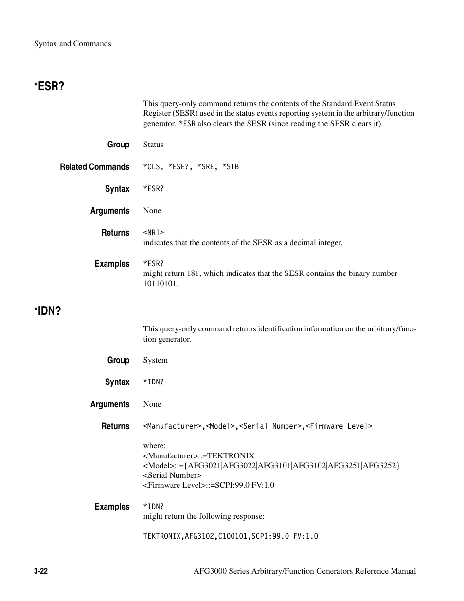 Esr? -22 *idn? -22 | Tektronix AFG3000 User Manual | Page 96 / 230