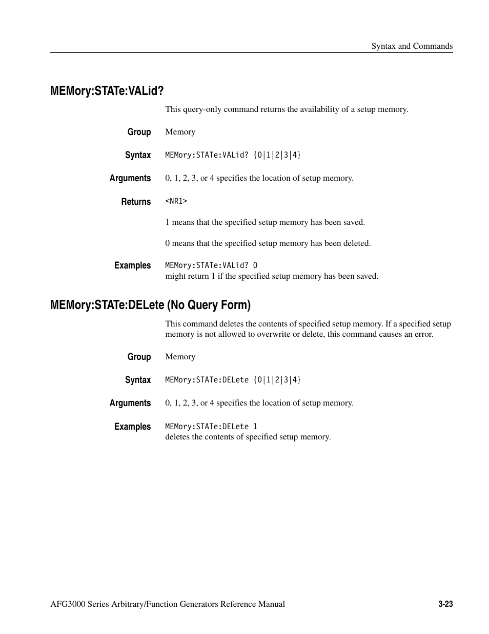 Memory:state:valid, Memory:state:delete (no query form) | Tektronix AFG3000 User Manual | Page 97 / 230