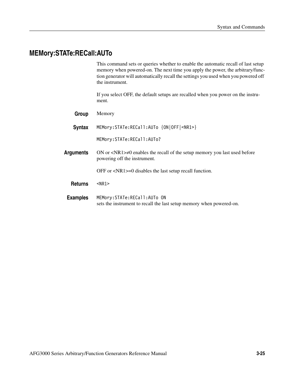 Memory:state:recall:auto, Memory:state:recall:auto -25 | Tektronix AFG3000 User Manual | Page 99 / 230
