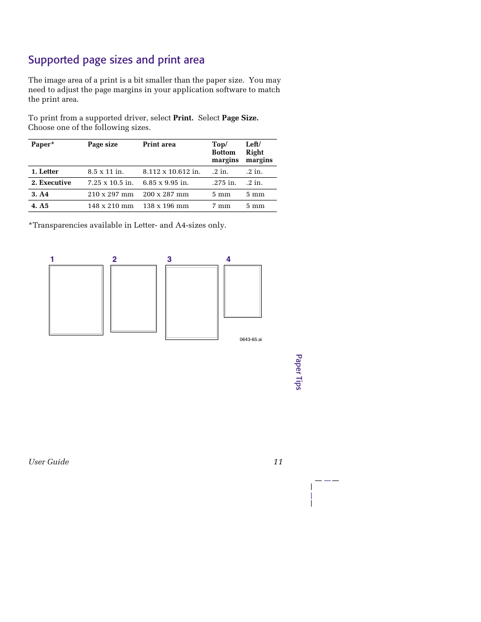 Supported page sizes and print area | Tektronix 850 User Manual | Page 22 / 78