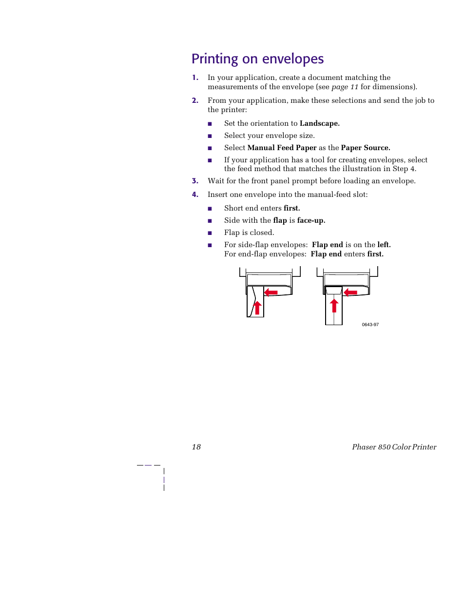 Printing on envelopes, Printing on envelopes 18 | Tektronix 850 User Manual | Page 29 / 78