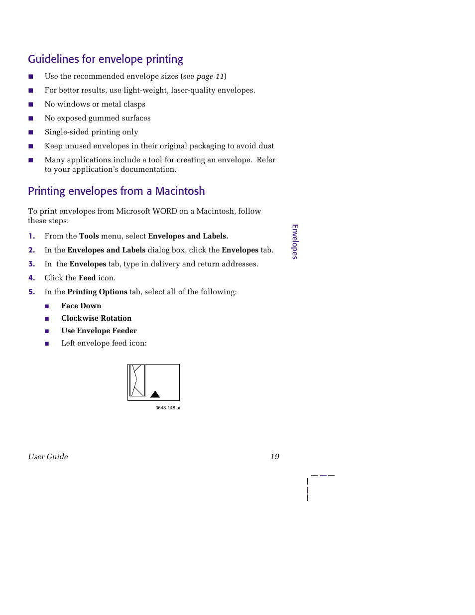 Guidelines for envelope printing, Printing envelopes from a macintosh | Tektronix 850 User Manual | Page 30 / 78