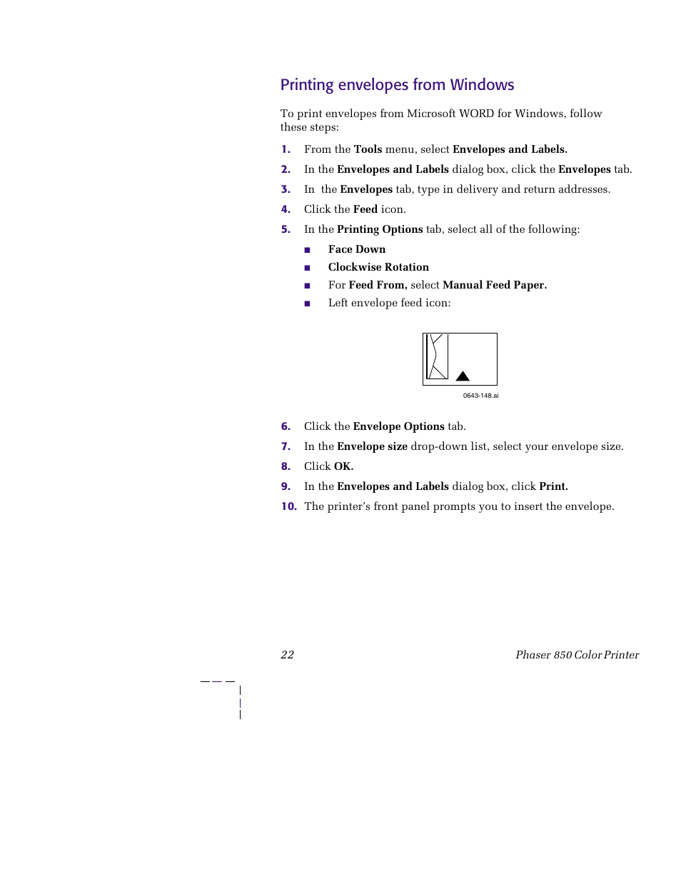 Printing envelopes from windows | Tektronix 850 User Manual | Page 33 / 78