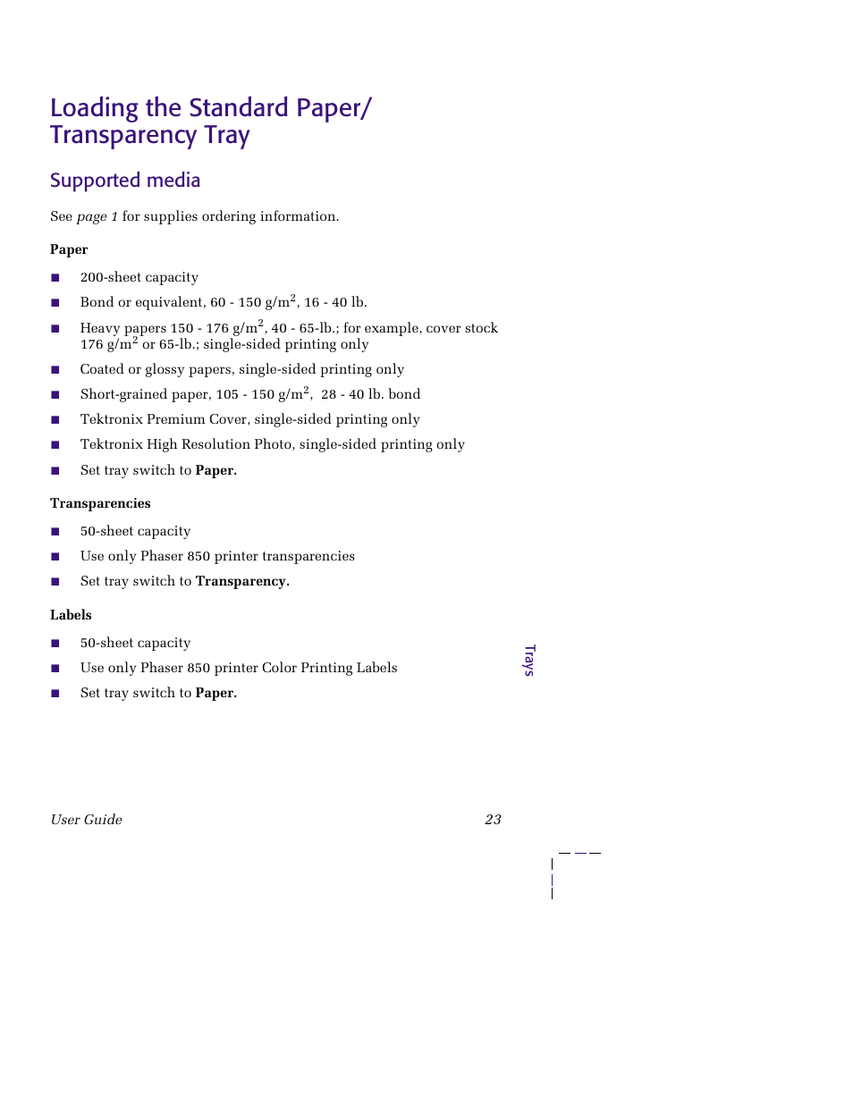 Loading the standard paper/ transparency tray, Supported media, Loading the standard paper/ transparency tray 23 | Tektronix 850 User Manual | Page 34 / 78