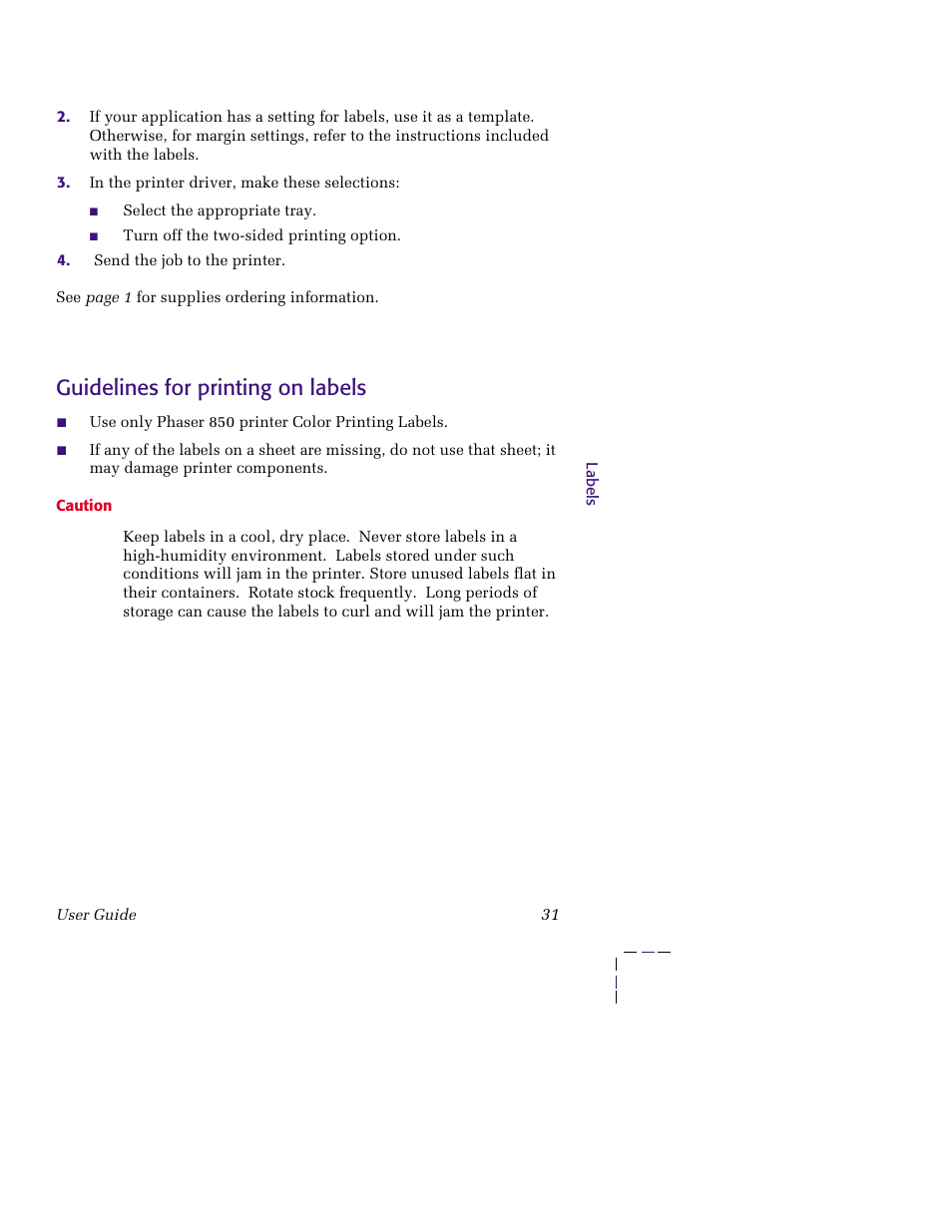 Guidelines for printing on labels | Tektronix 850 User Manual | Page 42 / 78