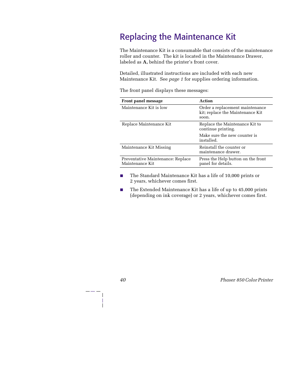 Replacing the maintenance kit, Replacing the maintenance kit 40 | Tektronix 850 User Manual | Page 51 / 78