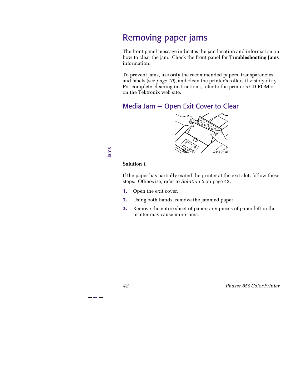 Removing paper jams, Media jam — open exit cover to clear, Removing paper jams 42 | Tektronix 850 User Manual | Page 53 / 78