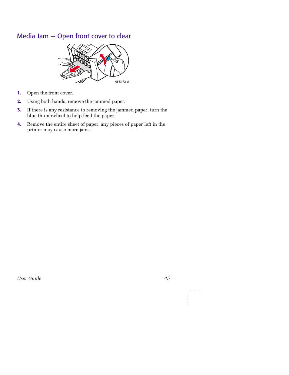 Media jam — open front cover to clear | Tektronix 850 User Manual | Page 56 / 78