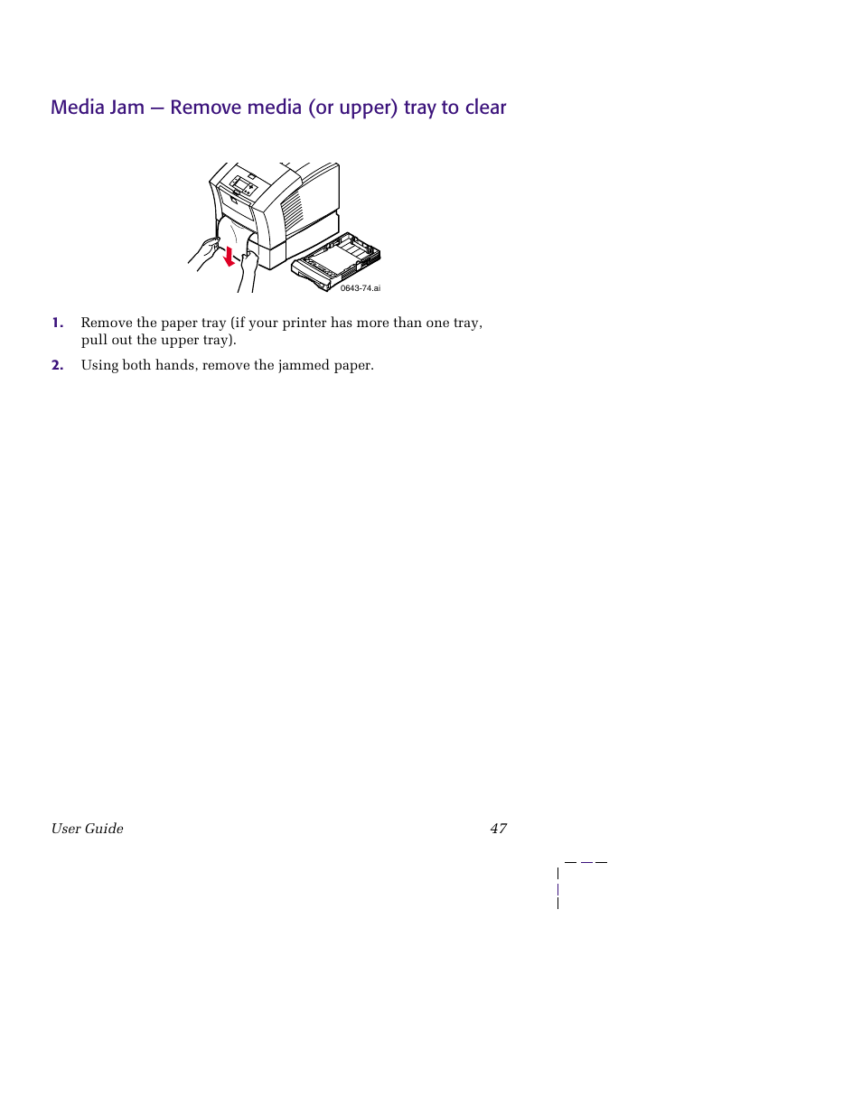 Media jam — remove media (or upper) tray toclear, Media jam — remove media (or upper) tray to clear | Tektronix 850 User Manual | Page 58 / 78