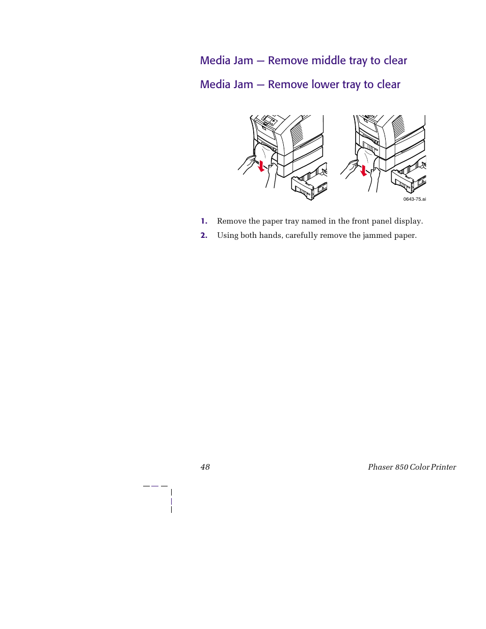 Media jam — remove middle tray to clear, Media jam — remove lower tray to clear | Tektronix 850 User Manual | Page 59 / 78