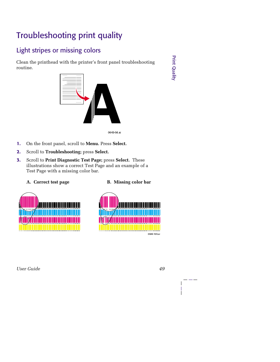 Troubleshooting print quality, Light stripes or missing colors, Troubleshooting print quality 49 | Tektronix 850 User Manual | Page 60 / 78