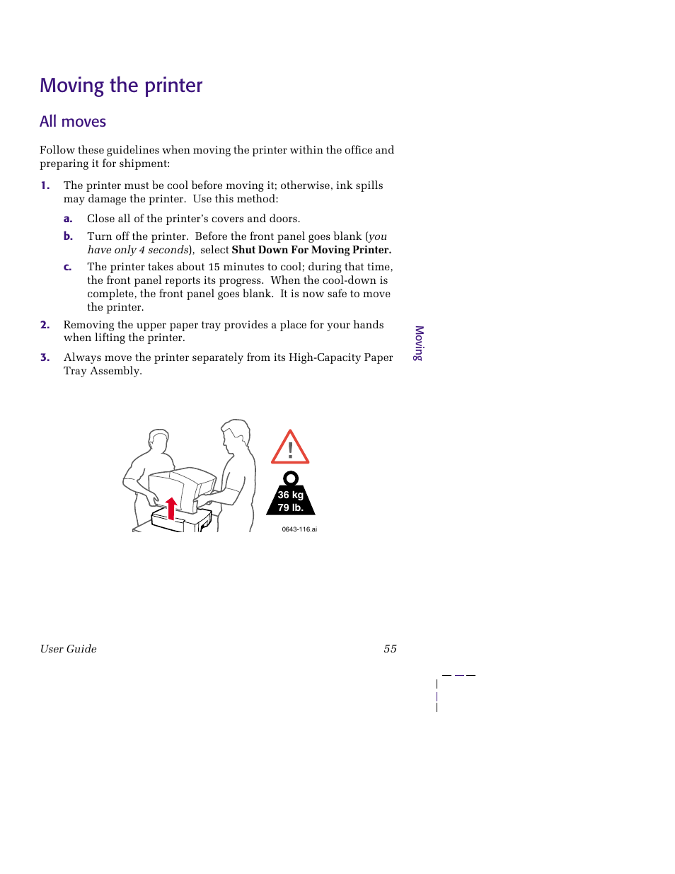 Moving the printer, All moves, Moving the printer 55 | Tektronix 850 User Manual | Page 66 / 78