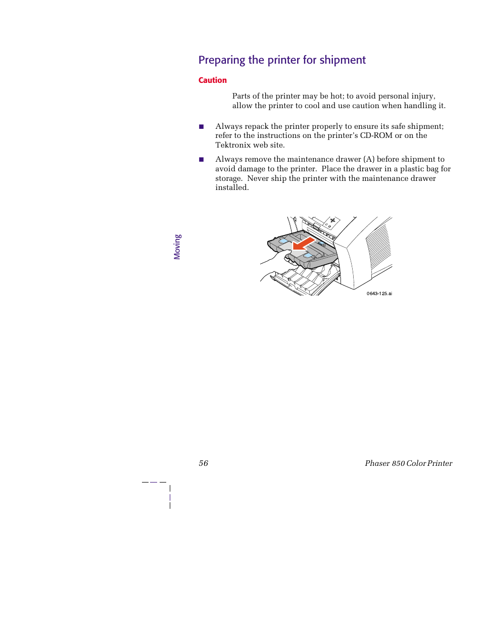 Preparing the printer for shipment | Tektronix 850 User Manual | Page 67 / 78