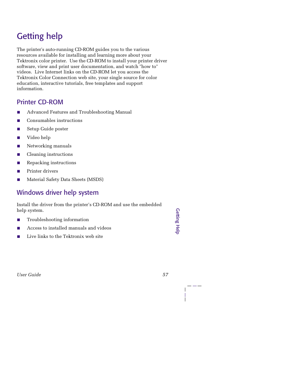 Getting help, Printer cd-rom, Windows driver help system | Getting help 57 | Tektronix 850 User Manual | Page 68 / 78