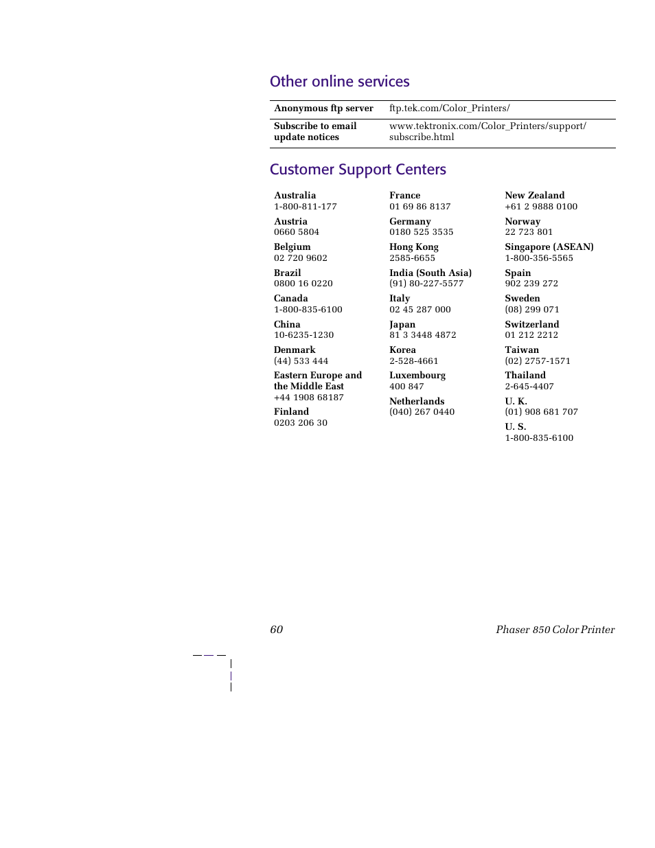 Other online services, Customer support centers, Other online services customer support centers | Tektronix 850 User Manual | Page 71 / 78