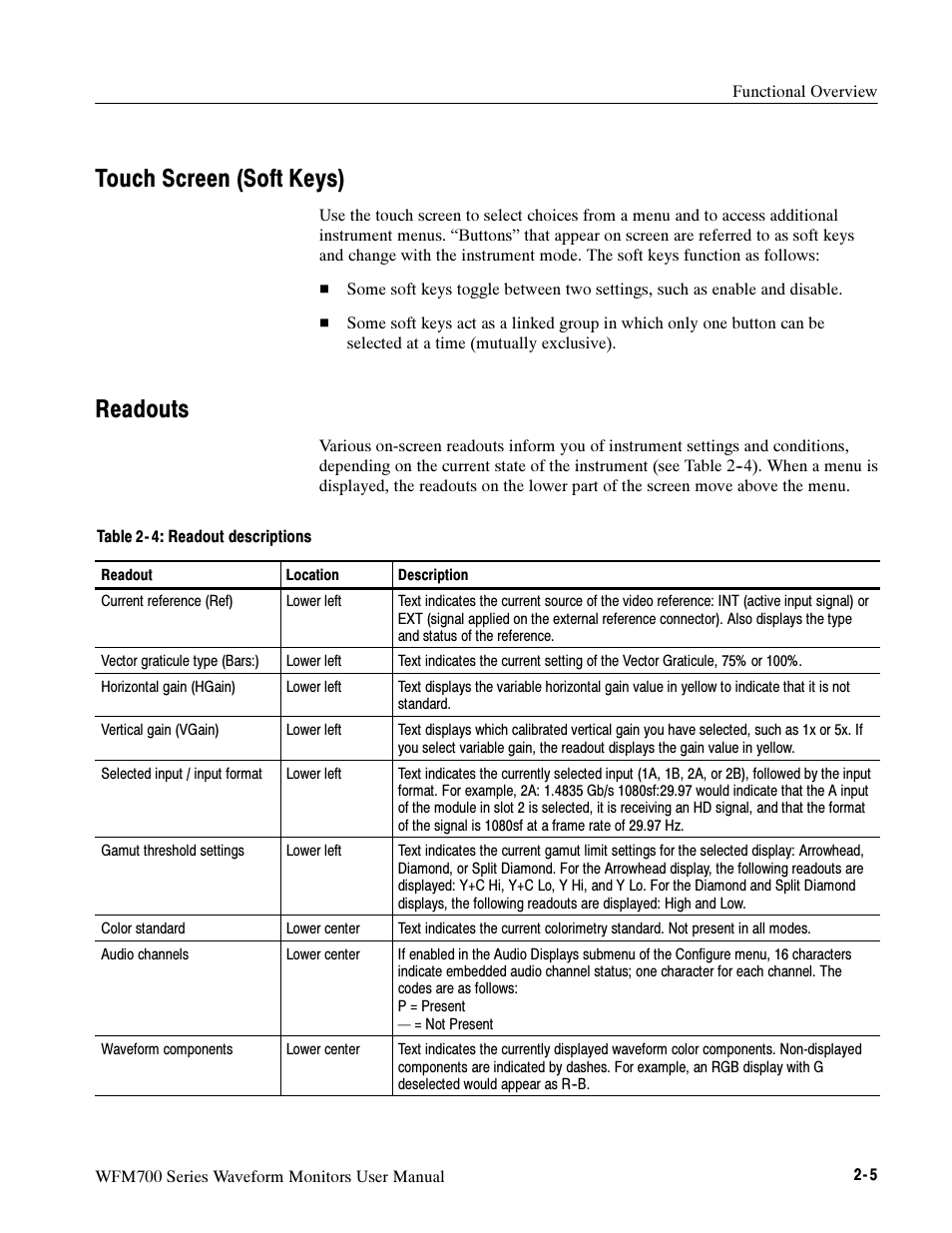 Touch screen (soft keys), Readouts | Tektronix Waveform Monitors WFM700 Series User Manual | Page 20 / 102