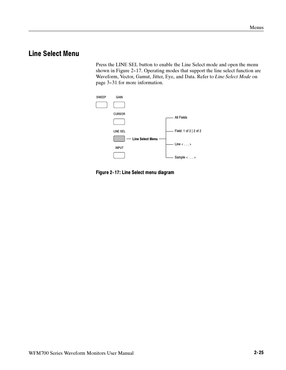 Line select menu | Tektronix Waveform Monitors WFM700 Series User Manual | Page 40 / 102