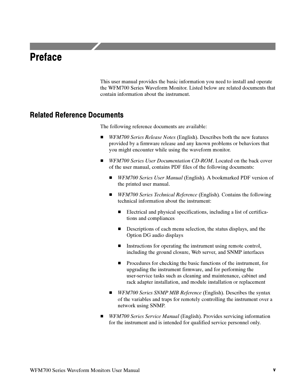 Preface, Related reference documents | Tektronix Waveform Monitors WFM700 Series User Manual | Page 6 / 102