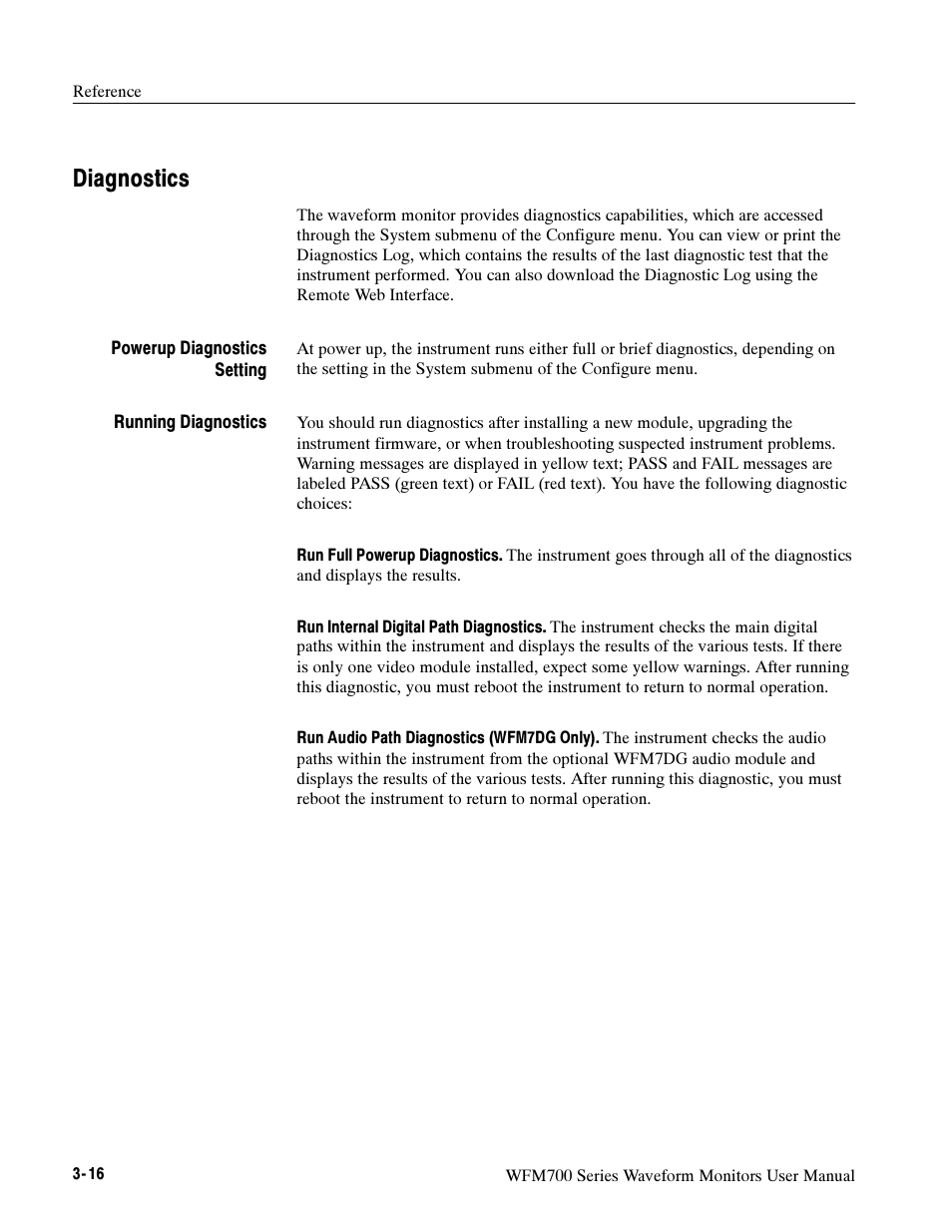 Diagnostics | Tektronix Waveform Monitors WFM700 Series User Manual | Page 65 / 102
