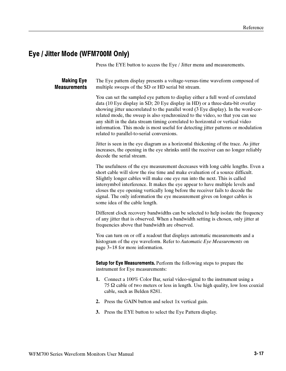Eye / jitter mode (wfm700m only) | Tektronix Waveform Monitors WFM700 Series User Manual | Page 66 / 102
