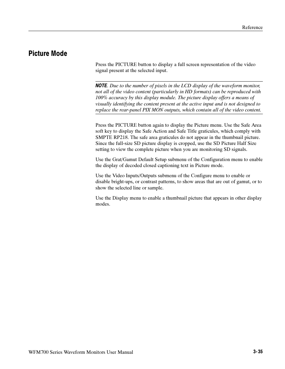 Picture mode | Tektronix Waveform Monitors WFM700 Series User Manual | Page 84 / 102
