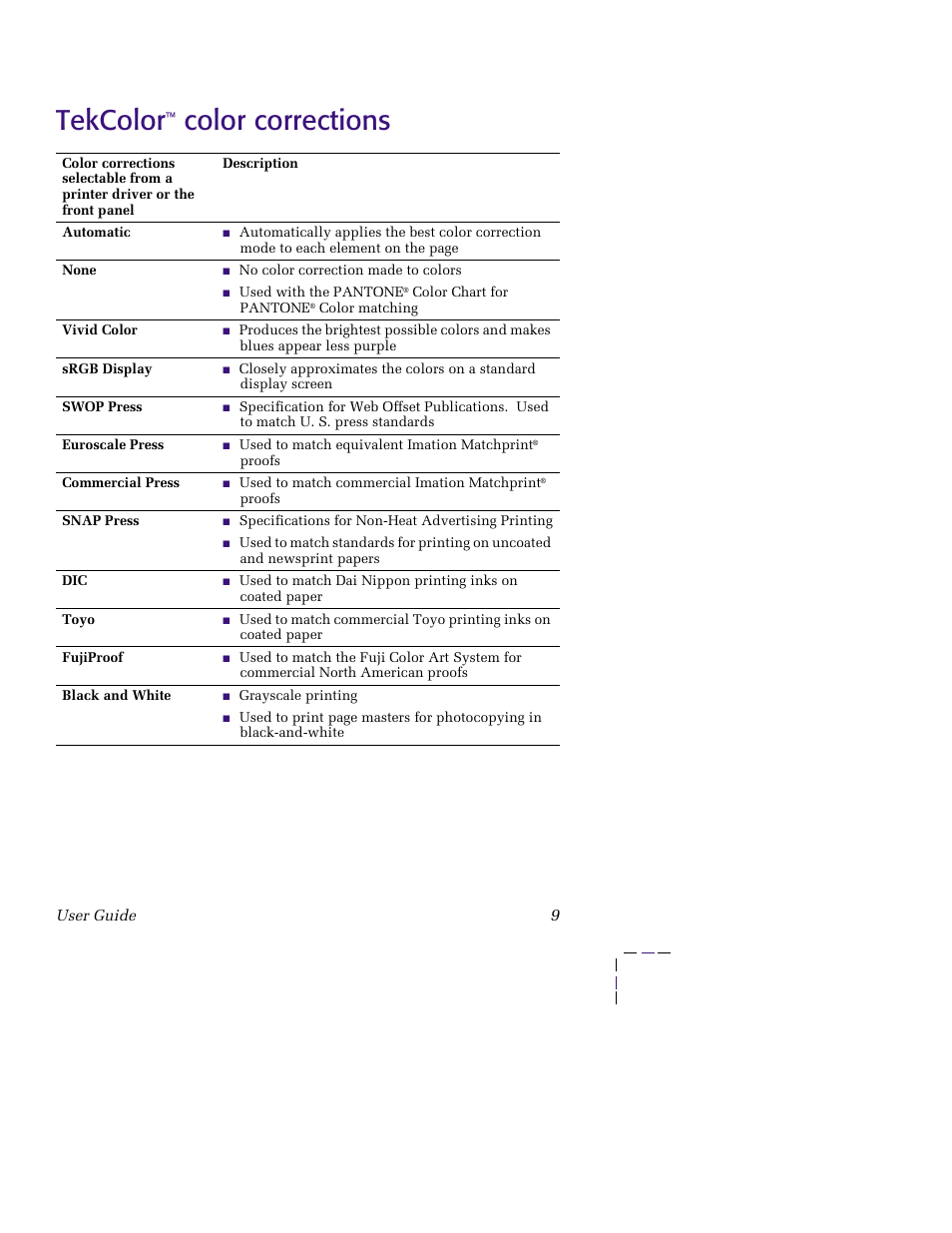 Tekcolor™ color corrections, Tekcolor™ color corrections 9, Tekcolor | Color corrections | Tektronix PHASER 850 User Manual | Page 20 / 78