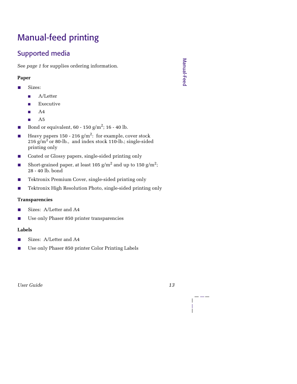 Manual-feed printing, Supported media, Manual-feed printing 13 | Tektronix PHASER 850 User Manual | Page 24 / 78