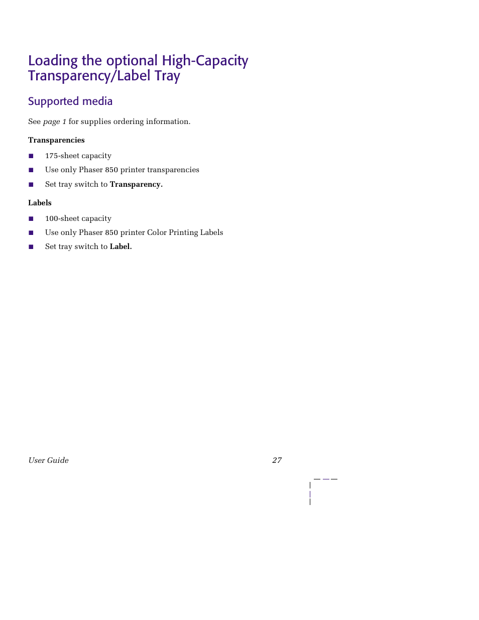 Supported media, Loading the optional high-capacity, Transparency/label tray 27 | Tektronix PHASER 850 User Manual | Page 38 / 78