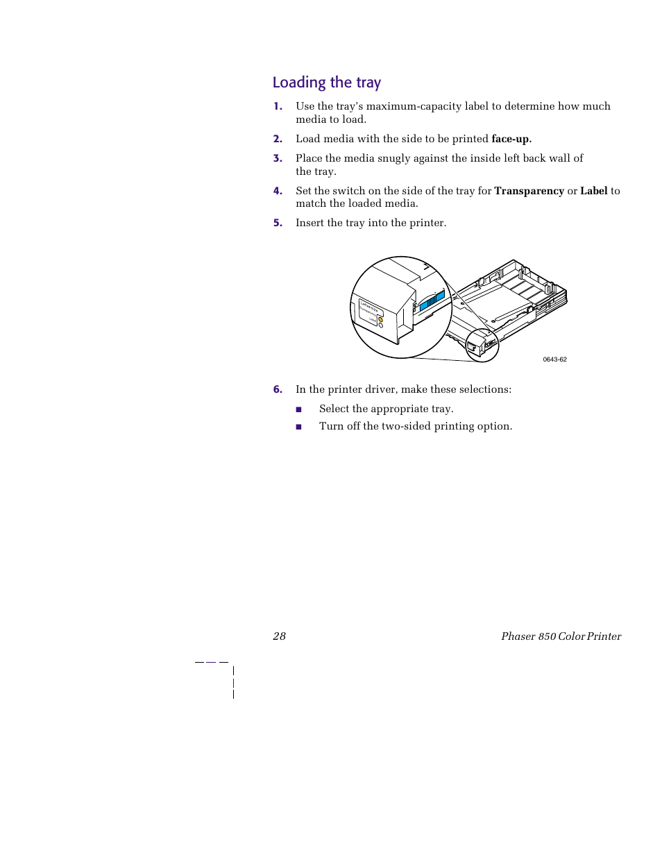 Loading the tray | Tektronix PHASER 850 User Manual | Page 39 / 78