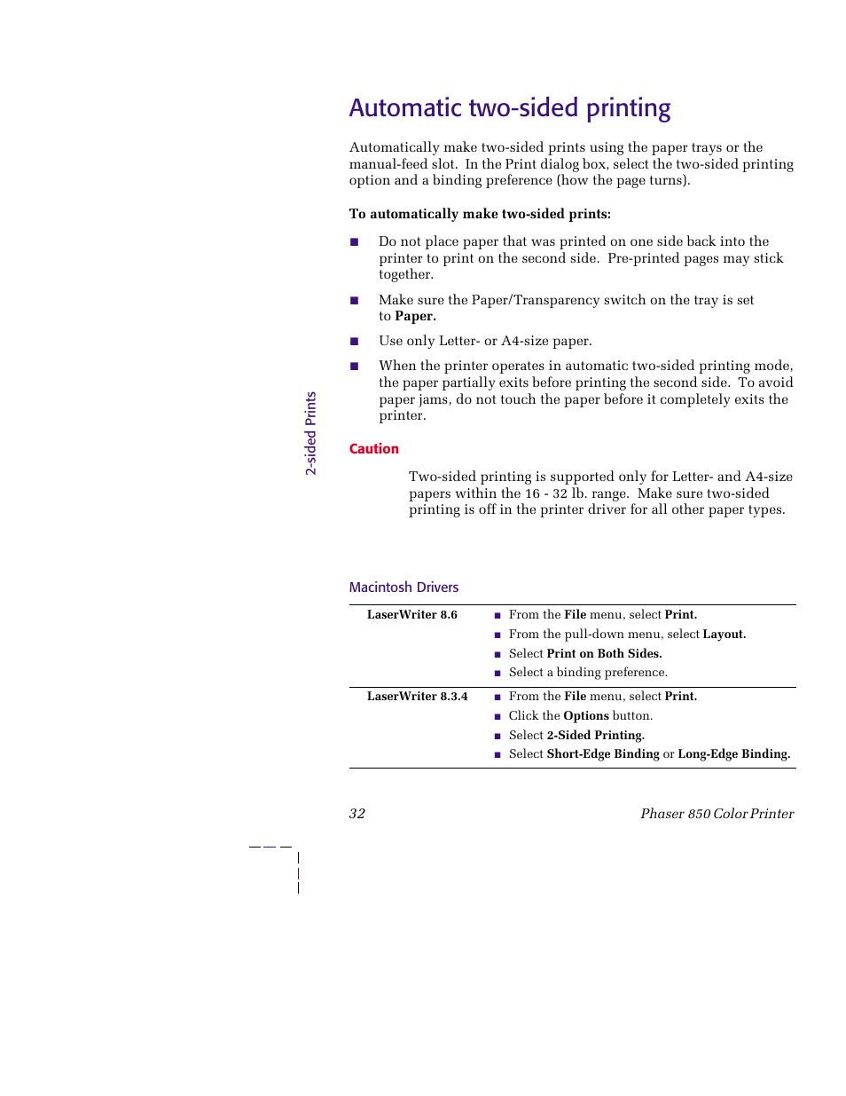 Automatic two-sided printing, Automatic two-sided printing 32 | Tektronix PHASER 850 User Manual | Page 43 / 78