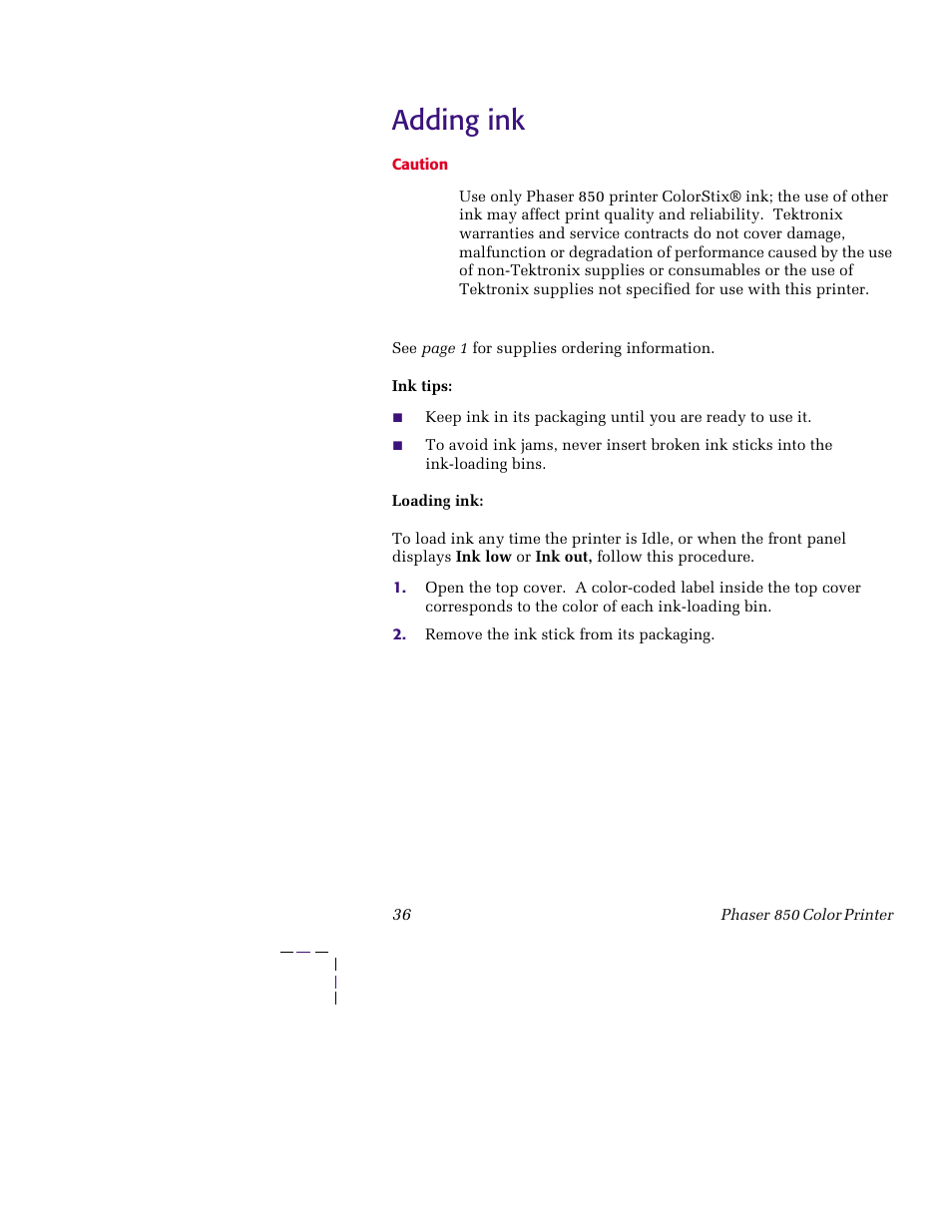 Adding ink, Adding ink 36 | Tektronix PHASER 850 User Manual | Page 47 / 78