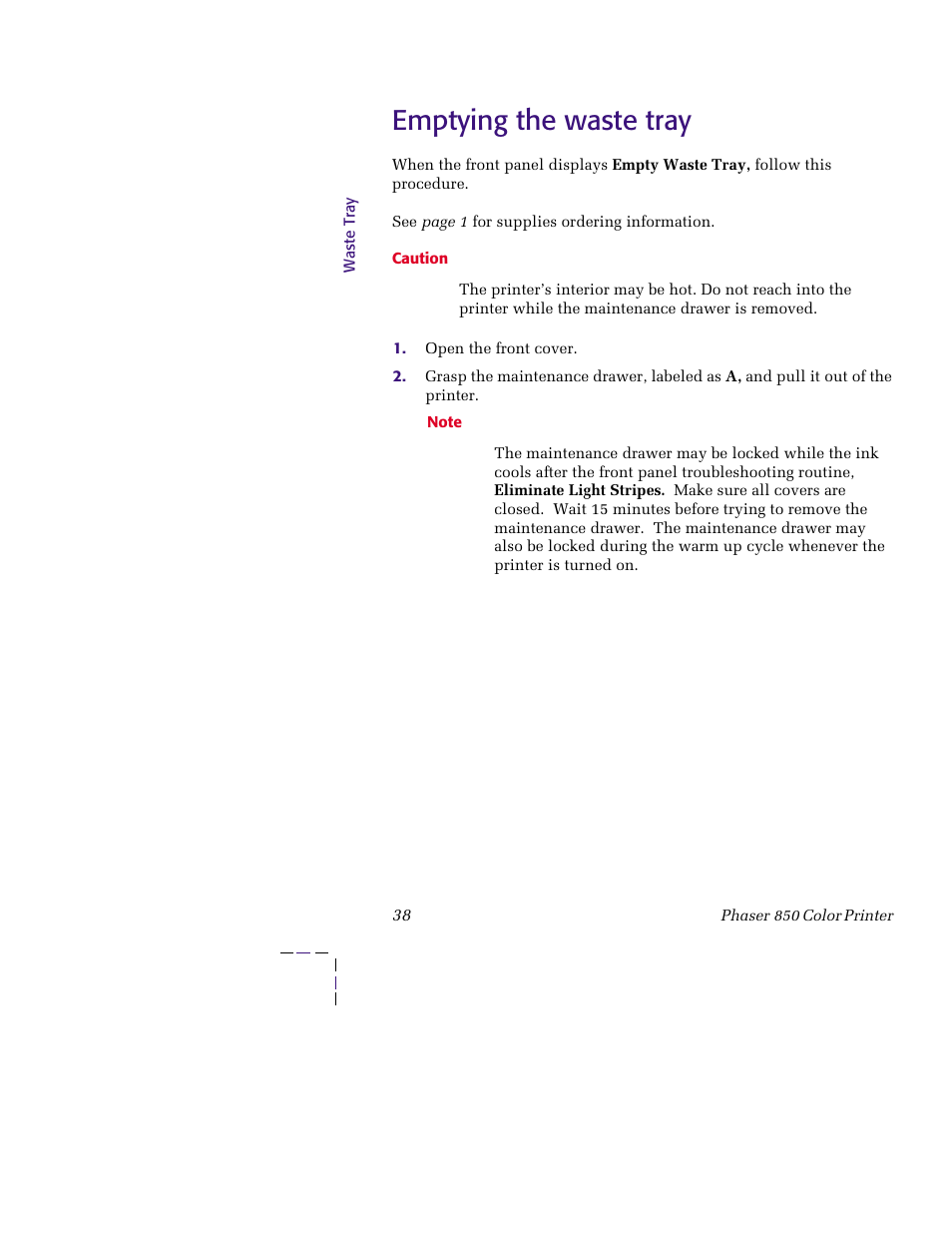 Emptying the waste tray, Emptying the waste tray 38 | Tektronix PHASER 850 User Manual | Page 49 / 78