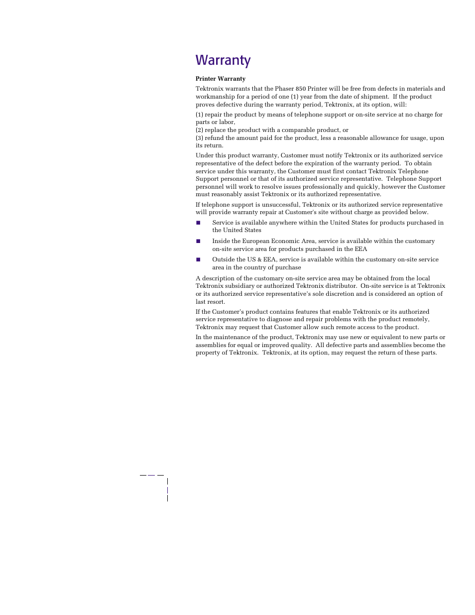 Warranty | Tektronix PHASER 850 User Manual | Page 5 / 78