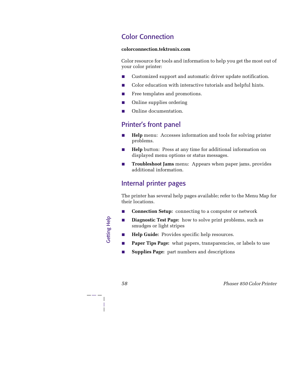 Color connection, Printer’s front panel, Internal printer pages | Tektronix PHASER 850 User Manual | Page 69 / 78