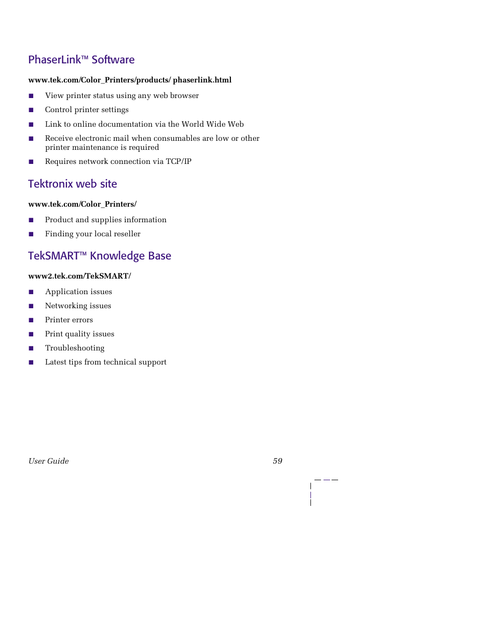 Phaserlink™ software, Tektronix web site, Teksmart™ knowledge base | Tektronix PHASER 850 User Manual | Page 70 / 78