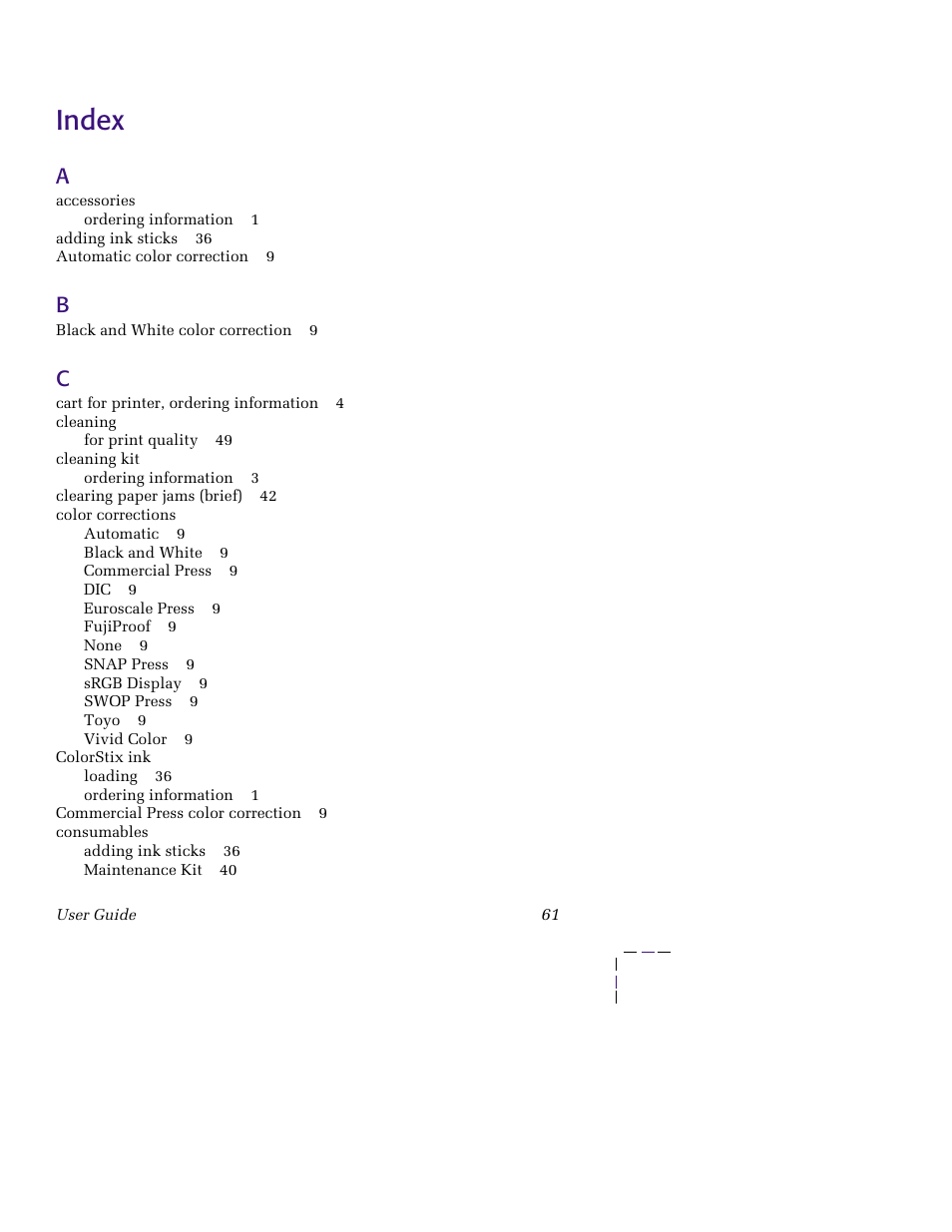 Index, Index 61 | Tektronix PHASER 850 User Manual | Page 72 / 78