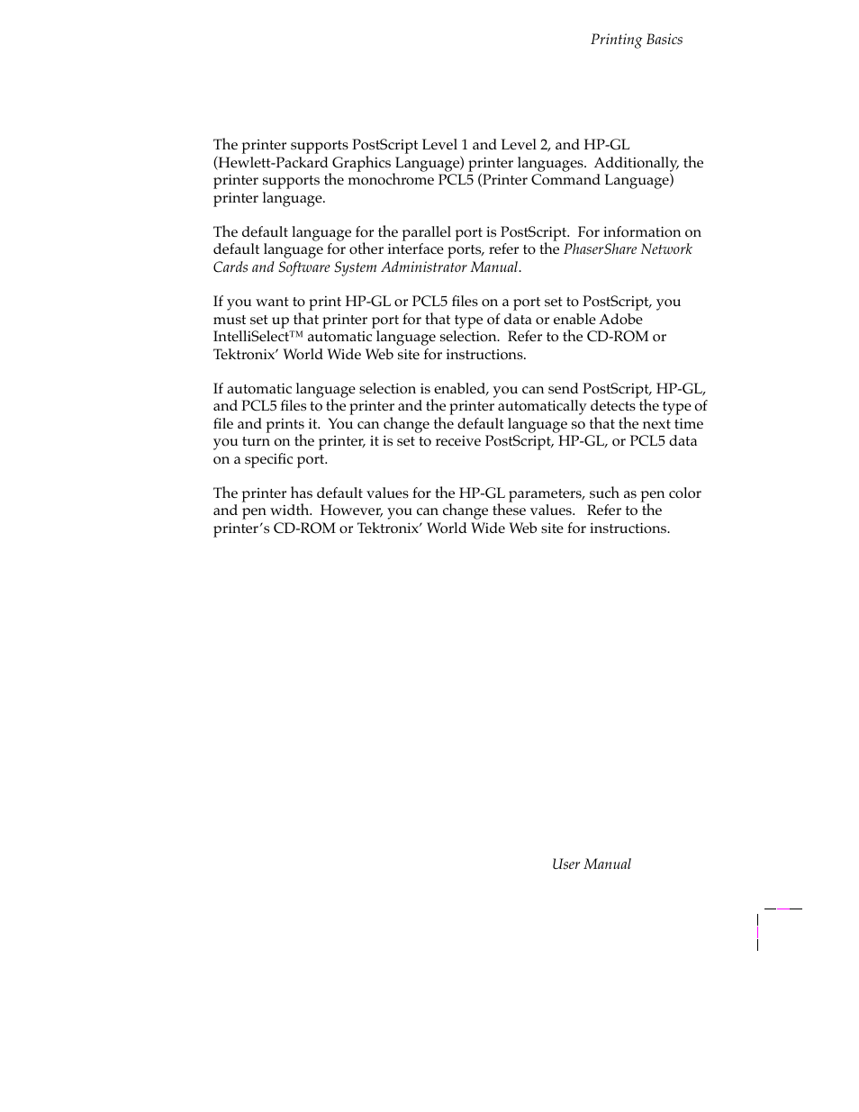 Printer languages: postscript, hp-gl, pcl5, Printer languages: postscript, hp-gl, pcl5 3-45 | Tektronix PHASER 380 User Manual | Page 115 / 272
