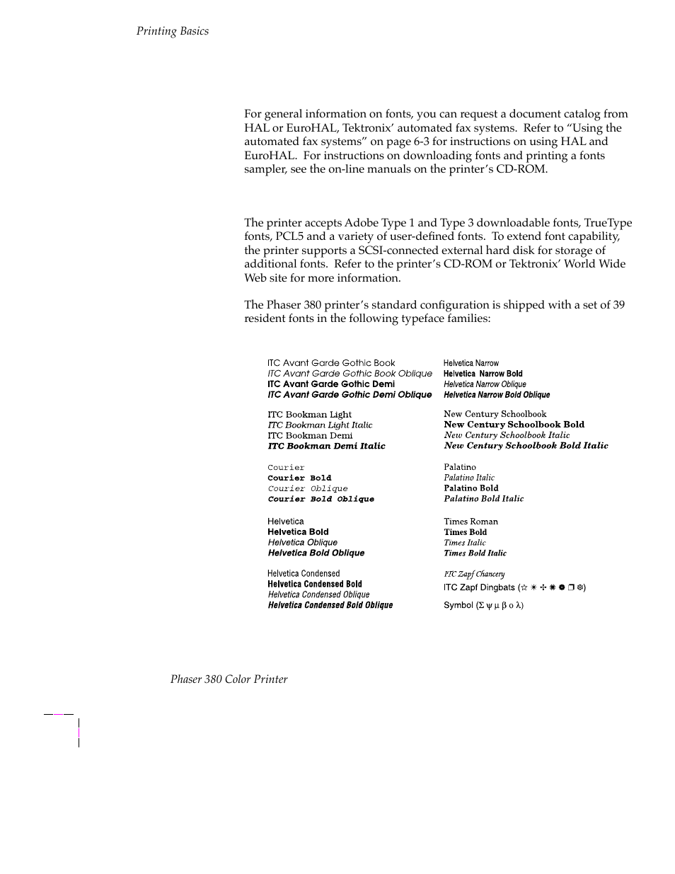 Fonts, Resident typefaces (postscript), Fonts 3-46 | Resident typefaces (postscript) 3-46 | Tektronix PHASER 380 User Manual | Page 116 / 272