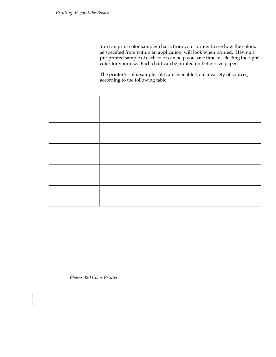 Printing and using the color sampler charts, Printing and using the color sampler charts 4-10 | Tektronix PHASER 380 User Manual | Page 128 / 272